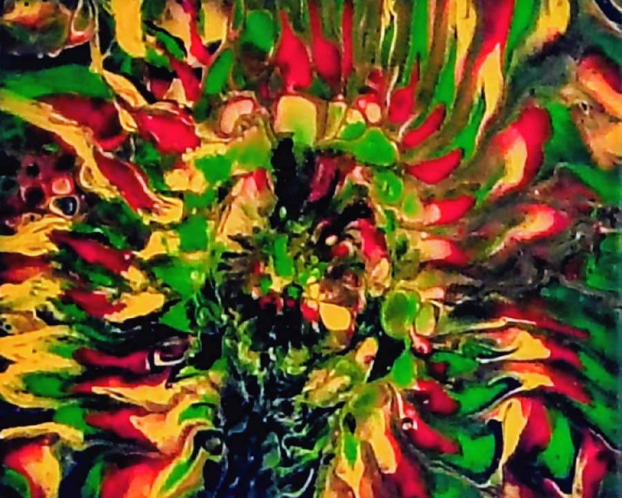 Beate-Hecht: Farbenspiel - Feuerrad (24 x 30 cm, Acryl auf Leinwand, Farbfluss über Zitronenpresse) Beate-Hecht: Farbenspiel - Feuerrad (24 x 30 cm, Acryl auf Leinwand, Farbfluss über Zitronenpresse)