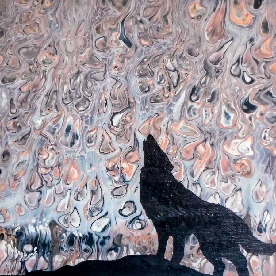 Beate Hecht: Einsamer Wolf (30 x 30 cm, Acryl auf Leinwand, Swipe- und Mal-Techniken) Beate Hecht: Einsamer Wolf (30 x 30 cm, Acryl auf Leinwand, Swipe- und Mal-Techniken)