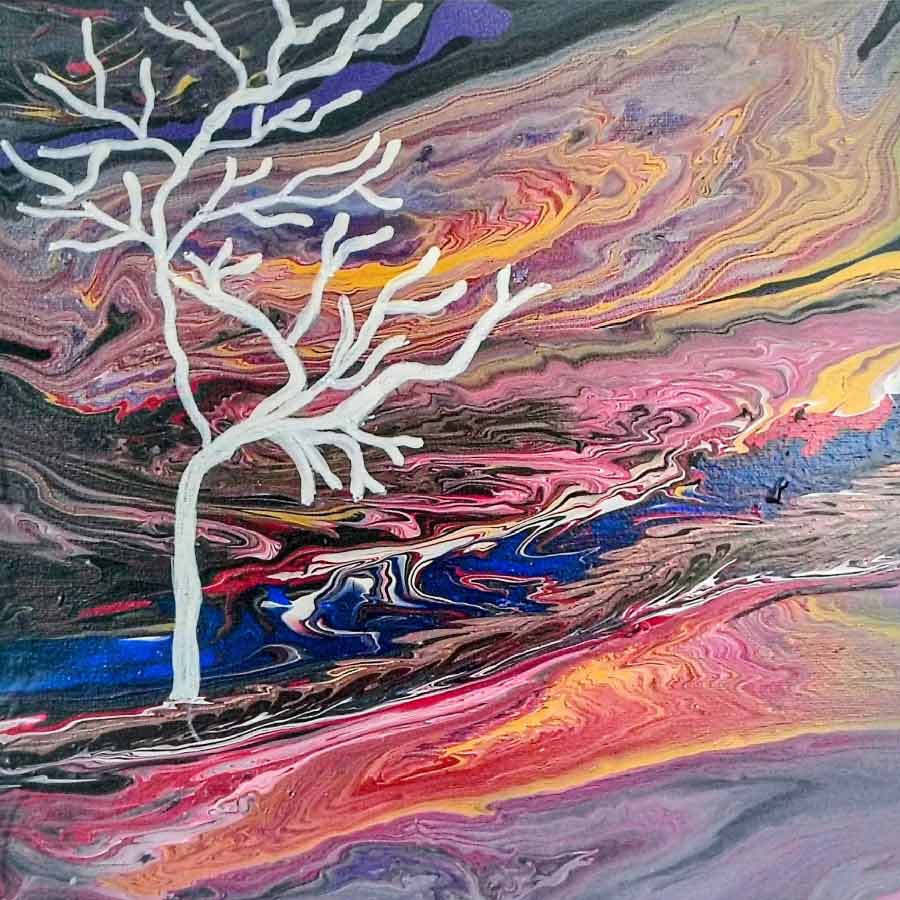 Beate Hecht: Kraftbaum (30 x 30 cm, Acryl auf Leinwand, Kipptechnik und Malerei) Beate Hecht: Kraftbaum (30 x 30 cm, Acryl auf Leinwand, Kipptechnik und Malerei)